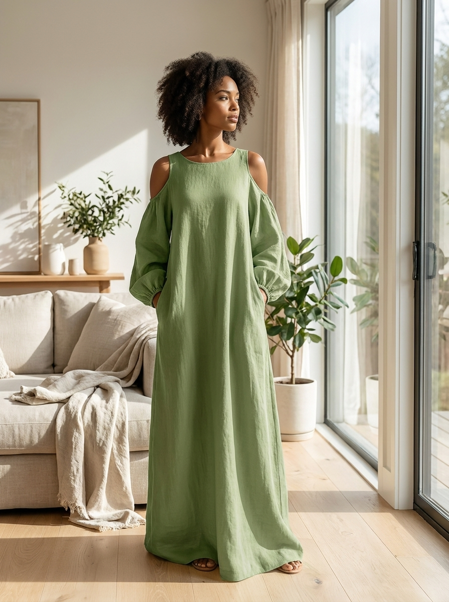 Light green cold-shoulder long sleeve maxi dress worn in a bright living room