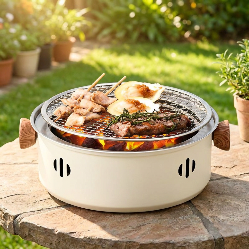 Compact portable charcoal BBQ grill on a backyard patio table