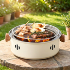 Compact portable charcoal BBQ grill on a backyard patio table