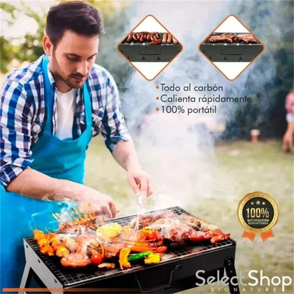 Compact charcoal BBQ grill set in use outdoors