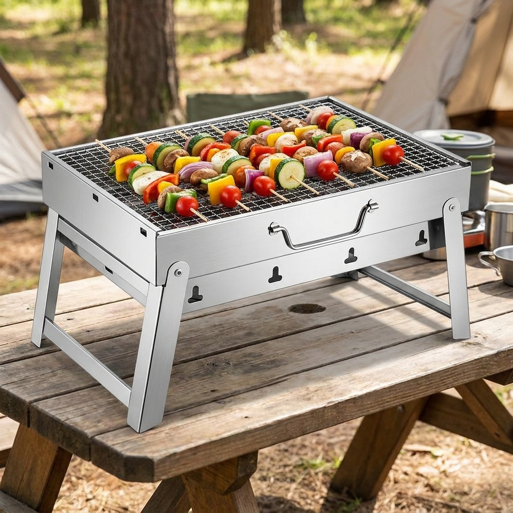 Compact stainless steel charcoal BBQ grill set on a campsite picnic table
