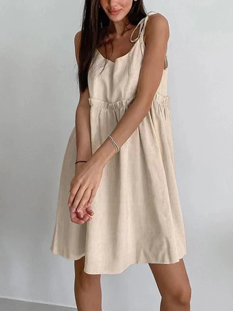 Cotton linen backless vest mini dress in tan, front view