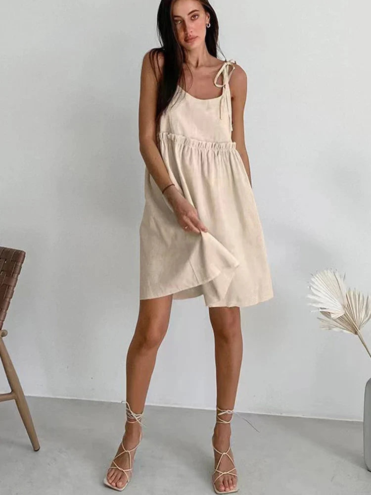 Cotton linen backless mini dress full length view