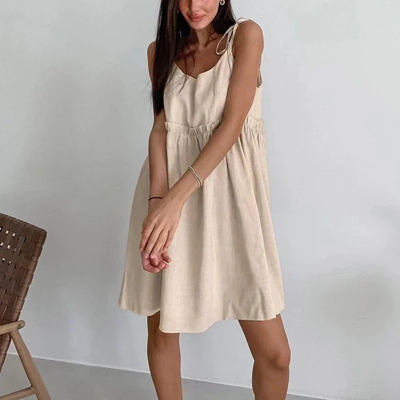 Tan cotton linen backless vest mini dress product shot