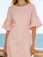 Back view of three-quarter sleeve cotton linen midi dress