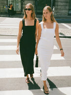 Cotton linen square neck suspender maxi dress, front view