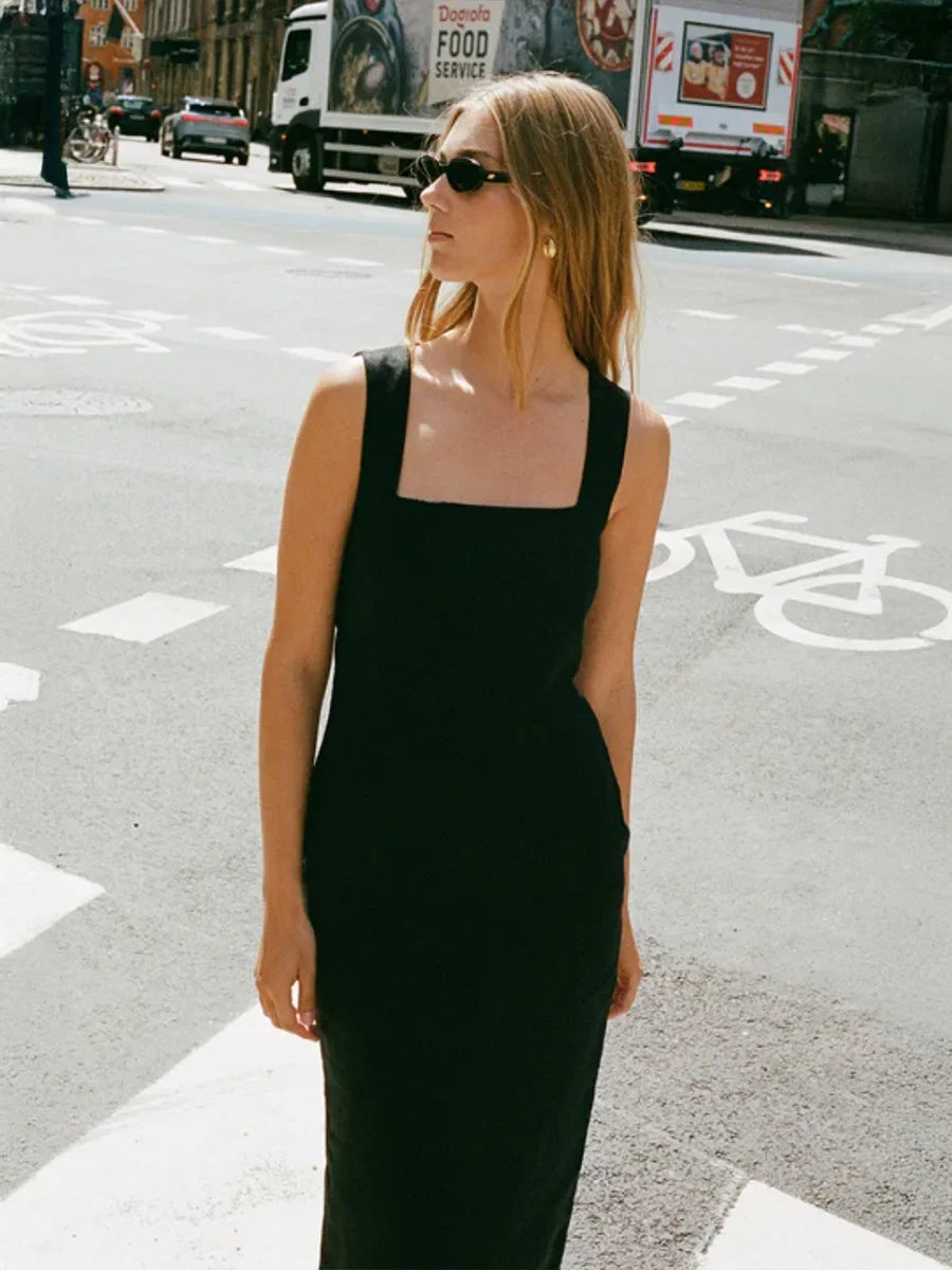 Square neckline detail on cotton linen maxi dress