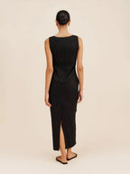 Side view of cotton linen suspender maxi dress
