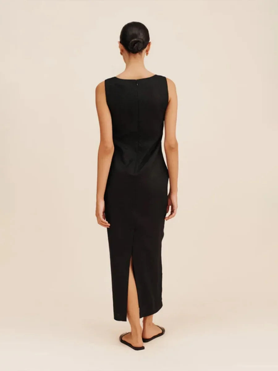 Side view of cotton linen suspender maxi dress