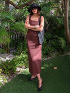 Back view of cotton linen square neck maxi dress