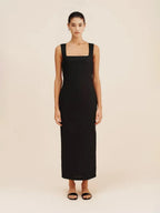 Black cotton linen square neck suspender maxi dress