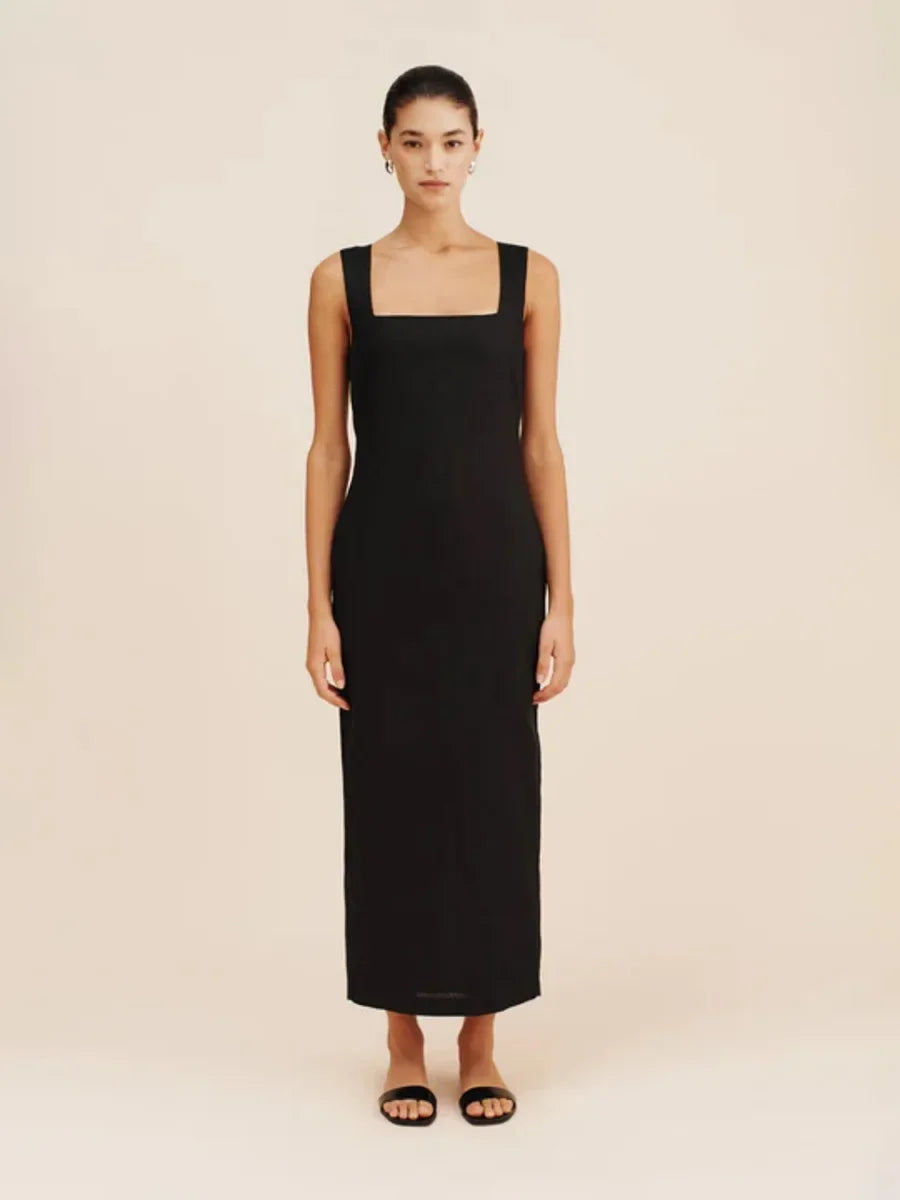 Black cotton linen square neck suspender maxi dress