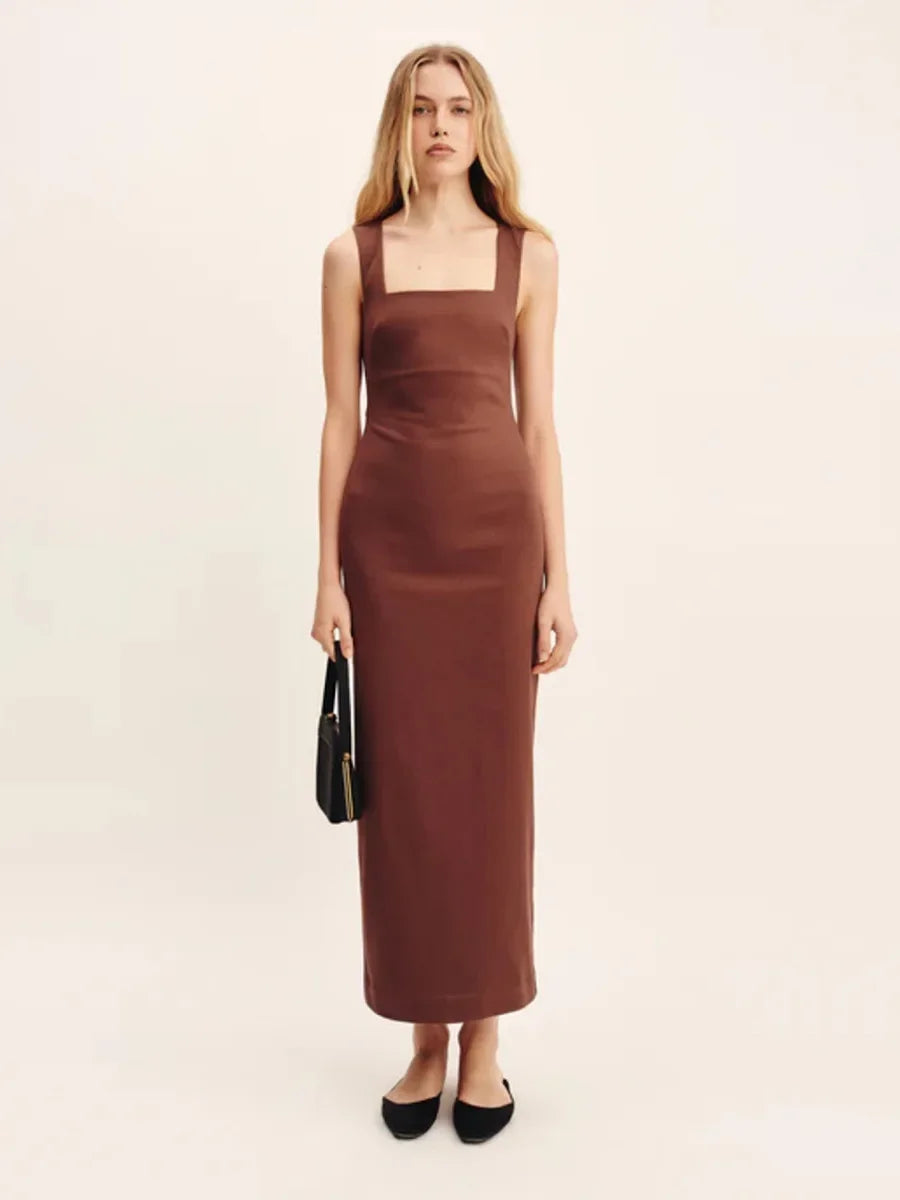 Brown cotton linen square neck suspender maxi dress