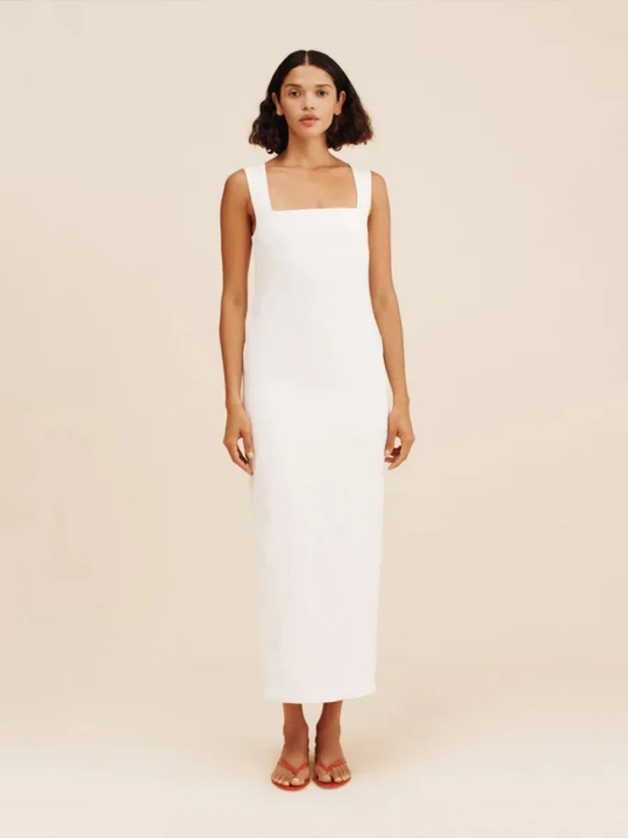 White cotton linen square neck suspender maxi dress