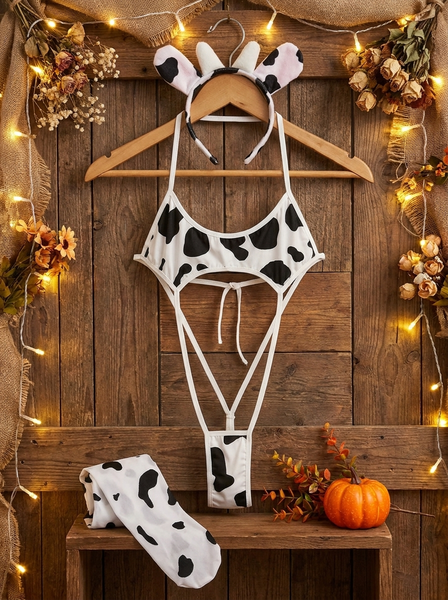 Cow print cosplay set on a boutique hanger