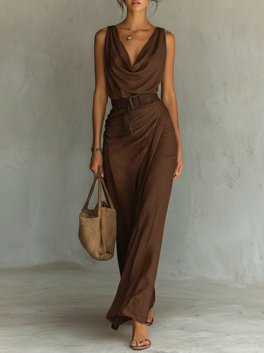 Cowl neck belted maxi dress in brown