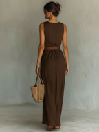 Cowl neck belted maxi dress in brown