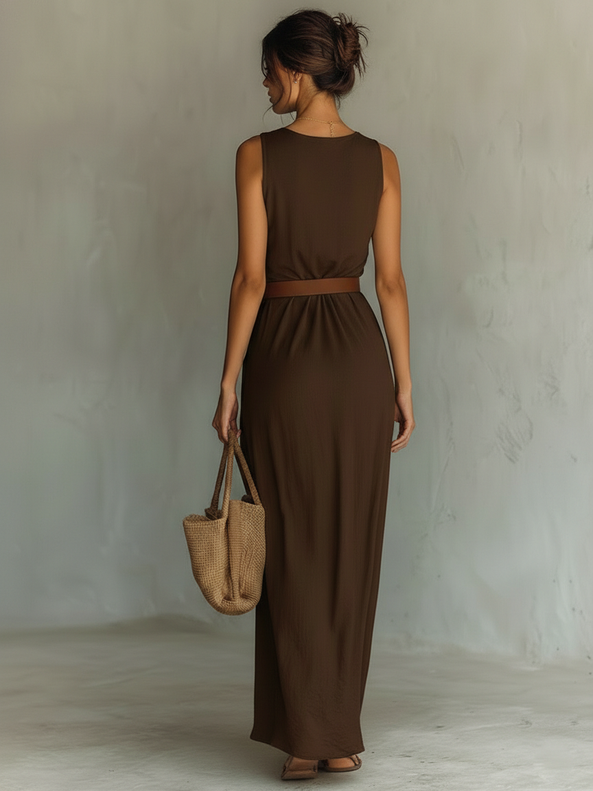 Cowl neck belted maxi dress in brown