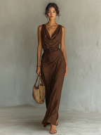 Cowl neck belted maxi dress in brown