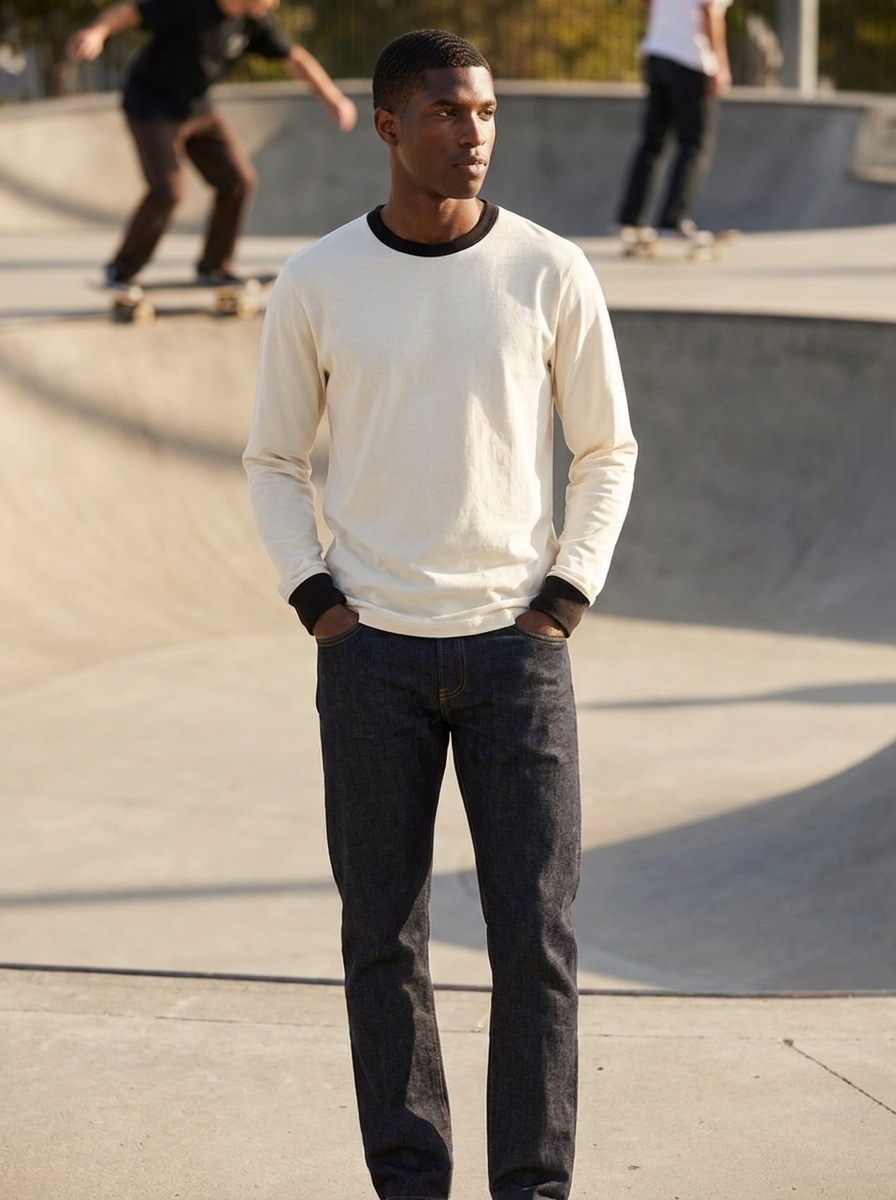 Cream long sleeve cotton ringer tee with black trim worn at a skate park
