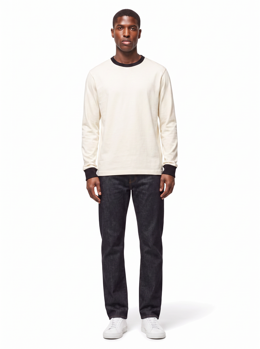 Cream long sleeve ringer tee worn by model, full body
