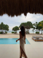 Side view of crochet knit halter maxi dress