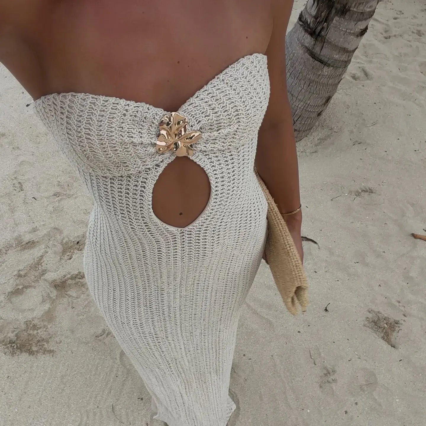 Crochet halter cut out maxi dress product shot