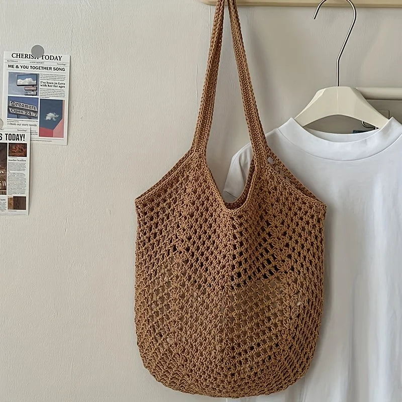 Crochet mesh tote bag, front view