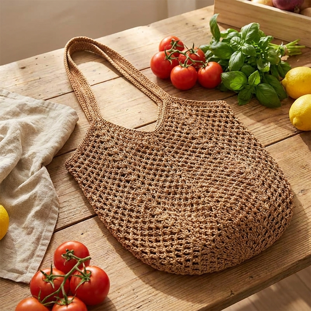 Crochet mesh knit tote bag with dual shoulder straps on a sunlit wooden market table