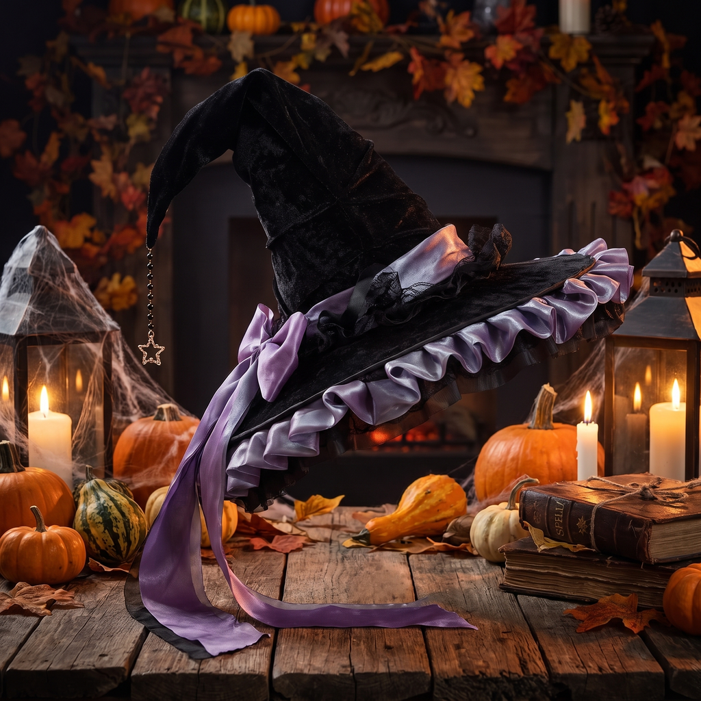 Crooked witch hat with bow worn for a costume party