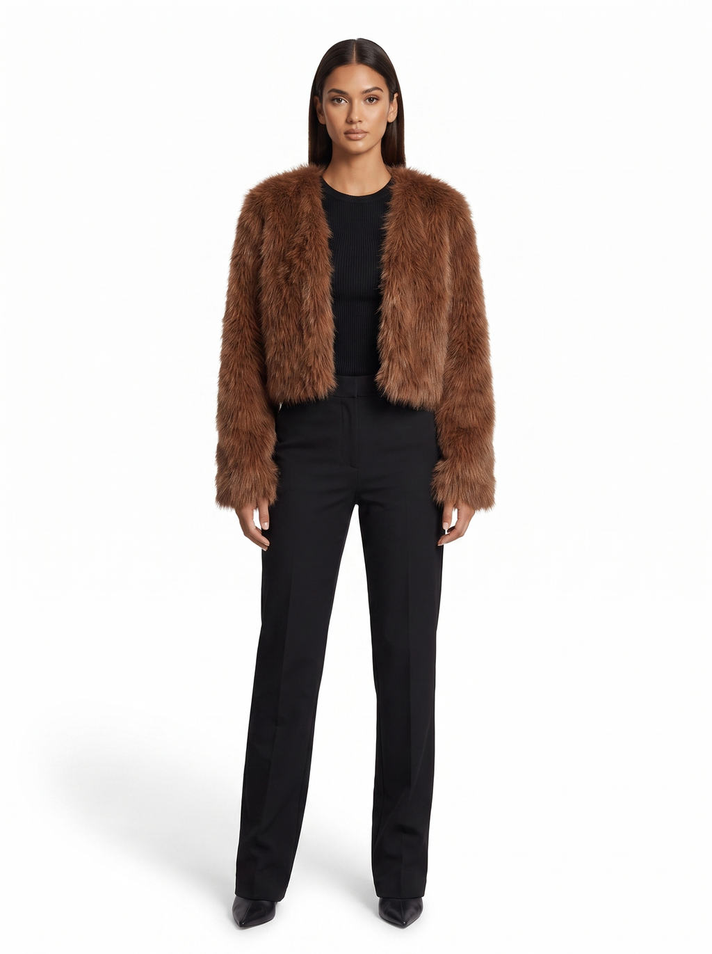 Cropped chocolate brown faux fur jacket worn by model, front view
