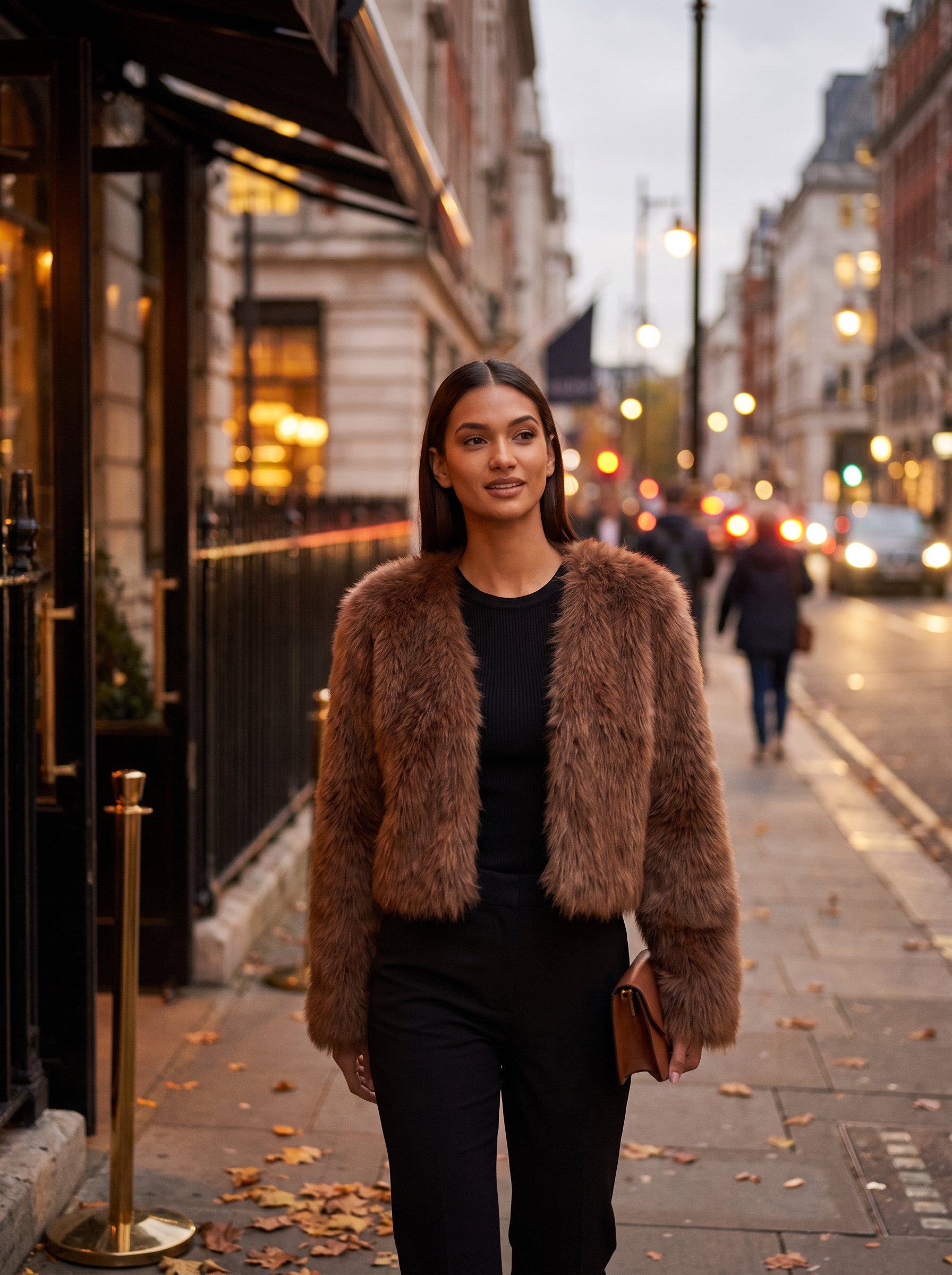 Cropped brown faux fur jacket styled for evening