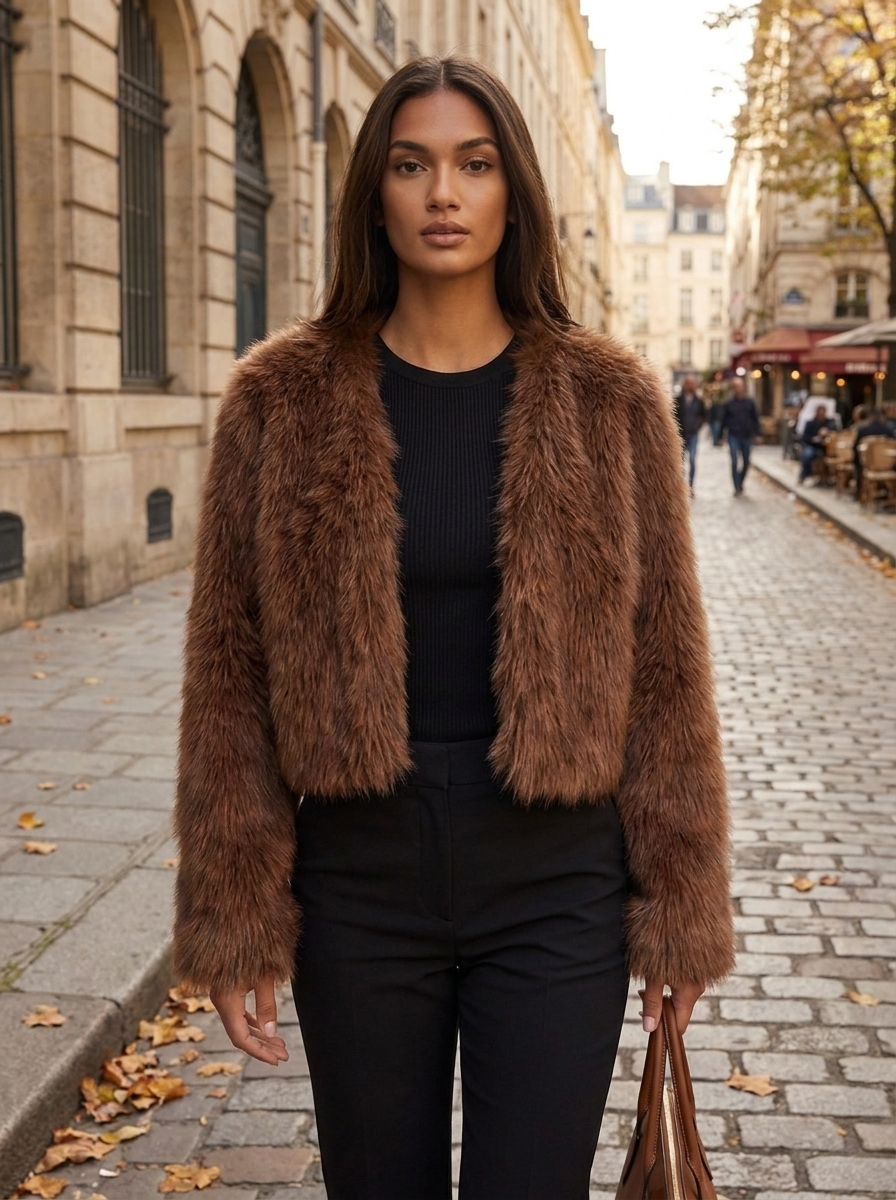 Woman wearing a cropped chocolate brown plush faux fur jacket on a city street in autumn