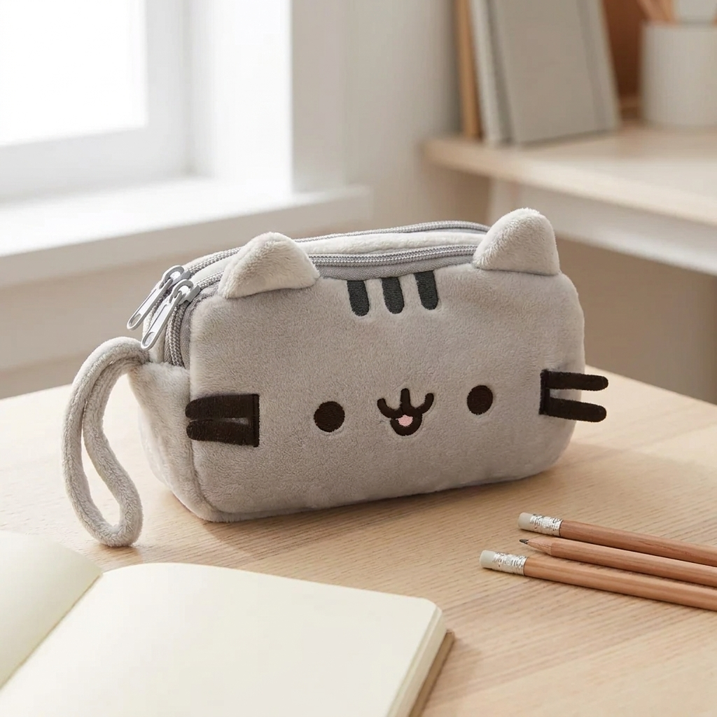 Plush cat-shaped zip pencil case on a light wood desk beside a notebook and pencils