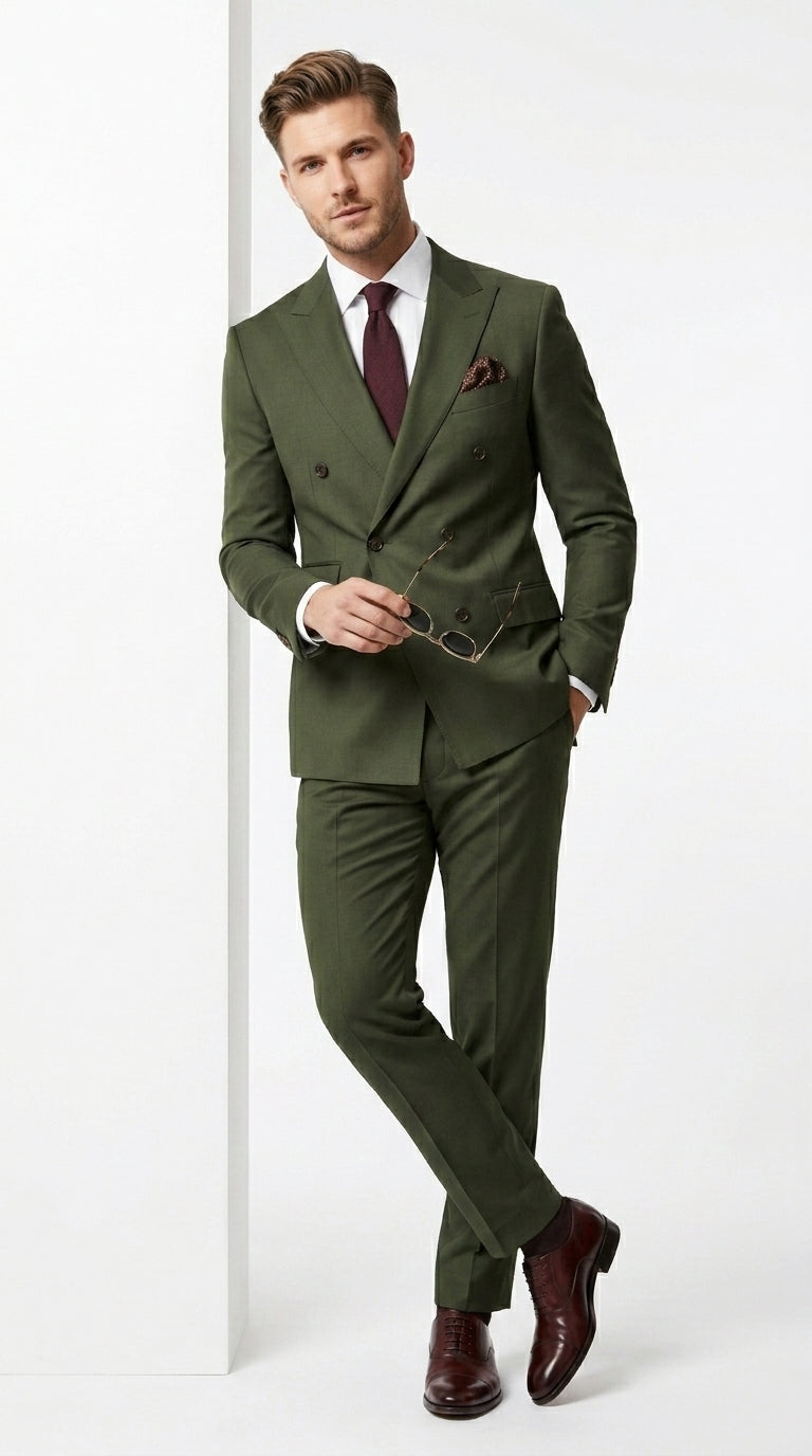 Dark green suit jacket showing double breasted button closure