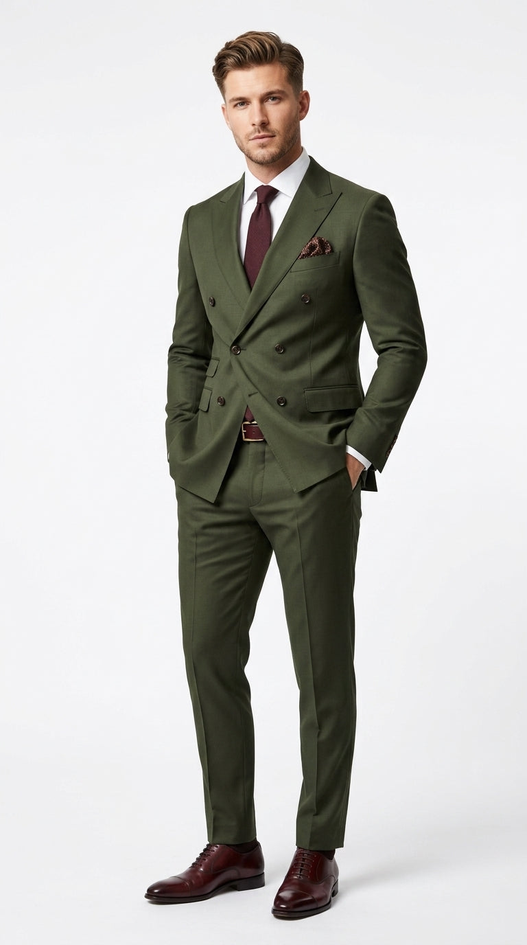 Dark green formal two piece suit styled with dress shirt