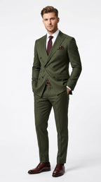 Dark green formal two piece suit styled with dress shirt