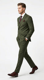 Back view of dark green suit jacket and trousers