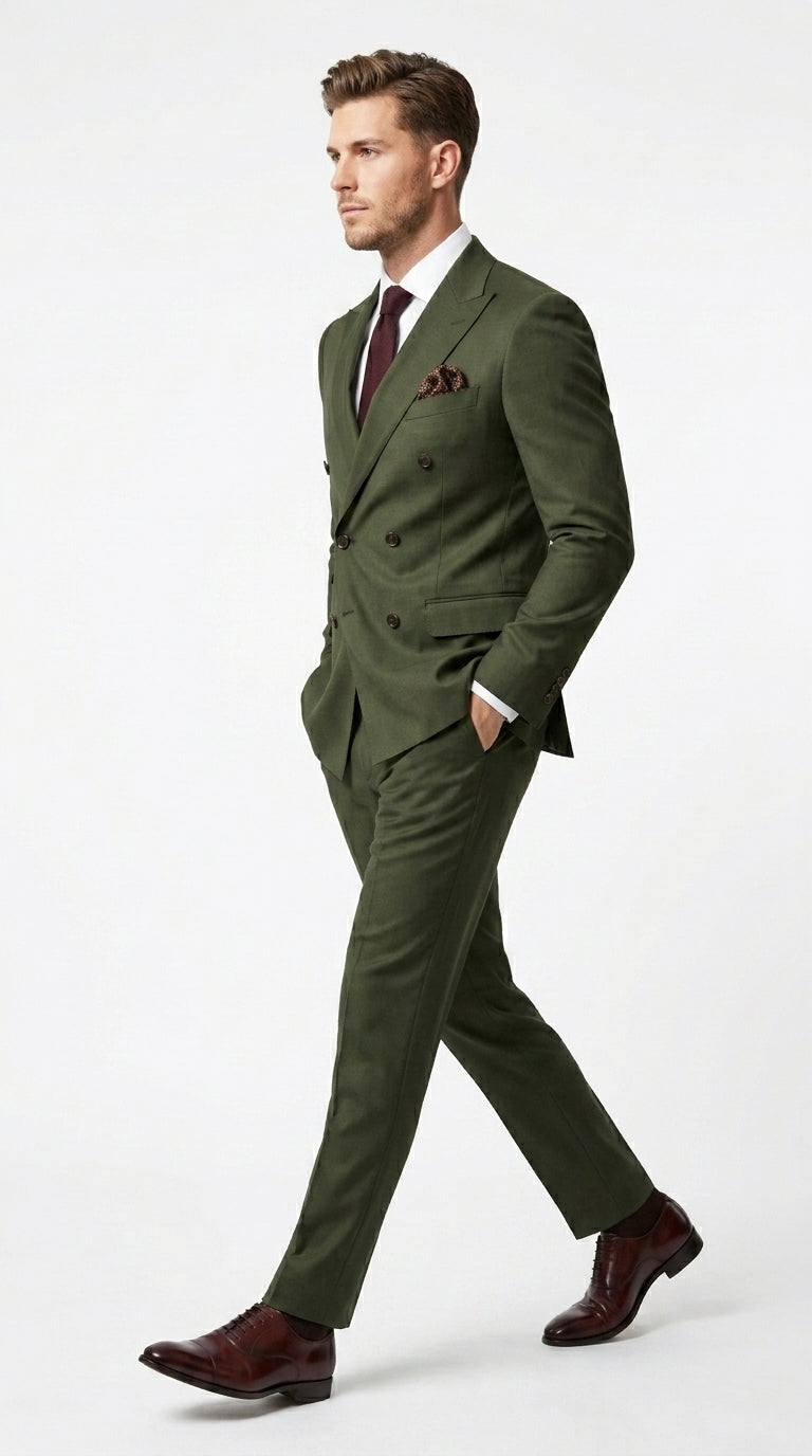 Back view of dark green suit jacket and trousers