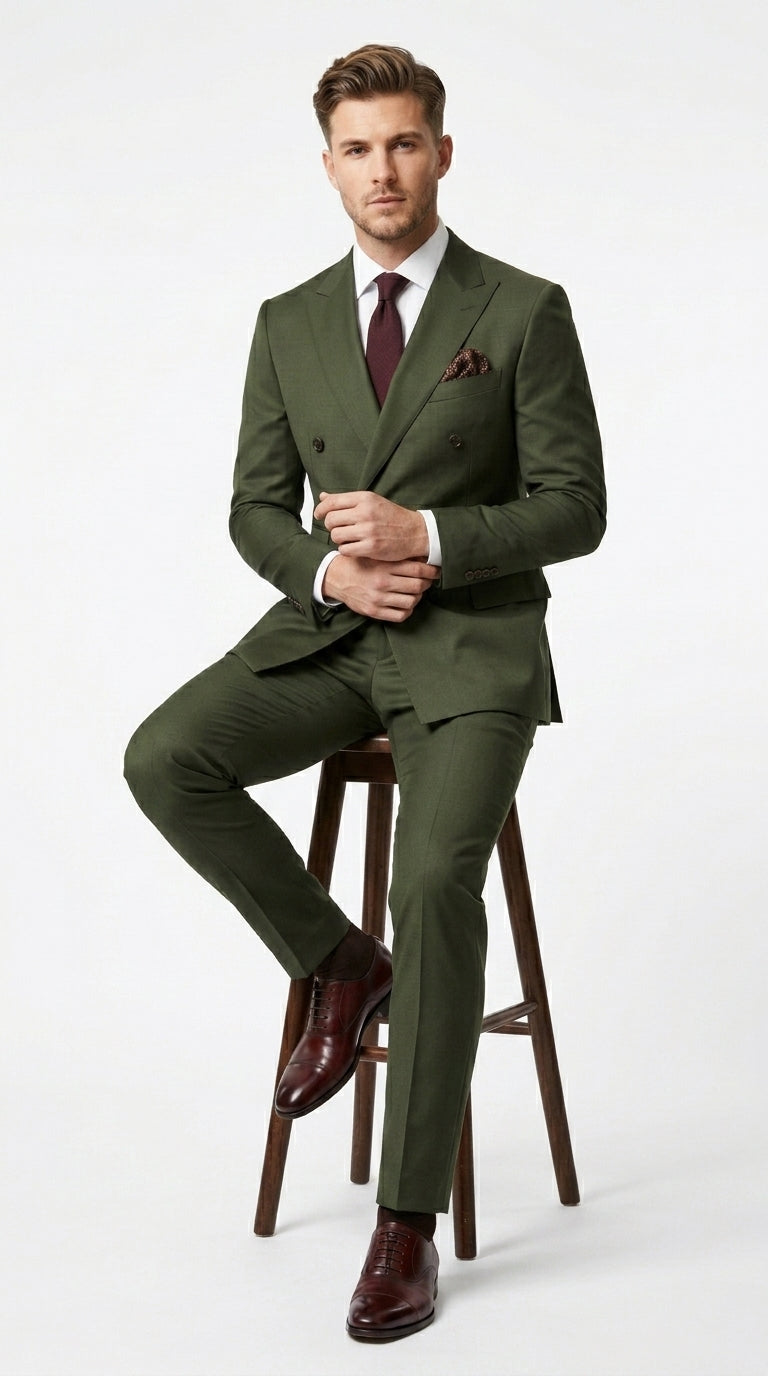 Close up of dark green suit fabric texture and buttons