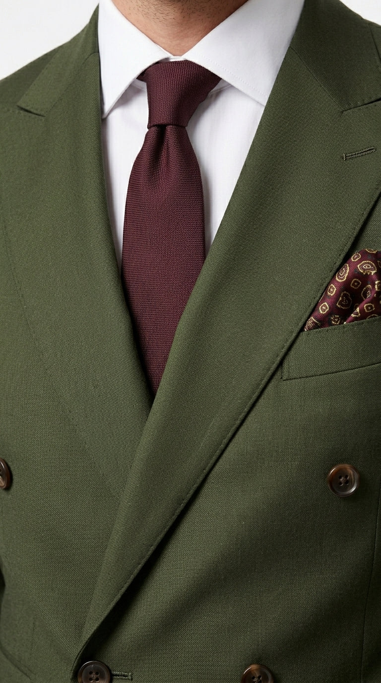 Full outfit view of dark green double breasted suit
