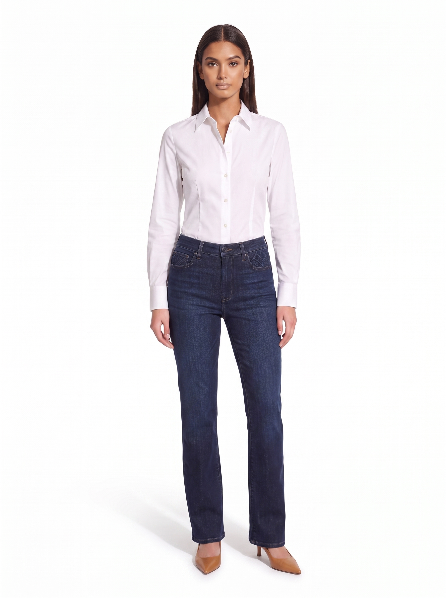 High waist dark indigo bootcut jeans worn by model, front view