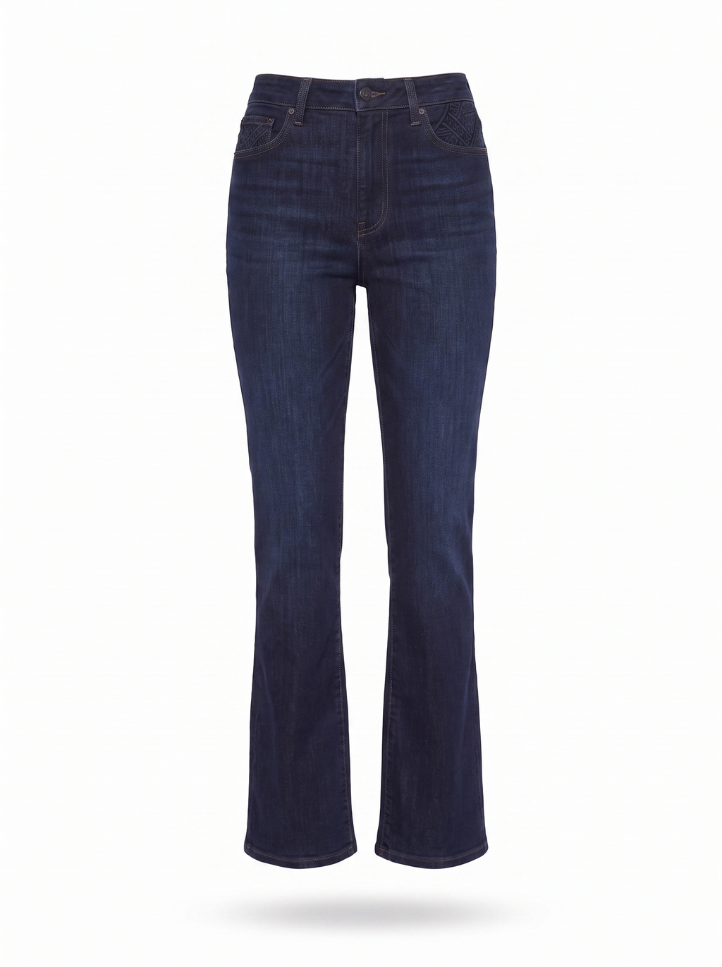 Dark indigo bootcut jeans product shot on white background
