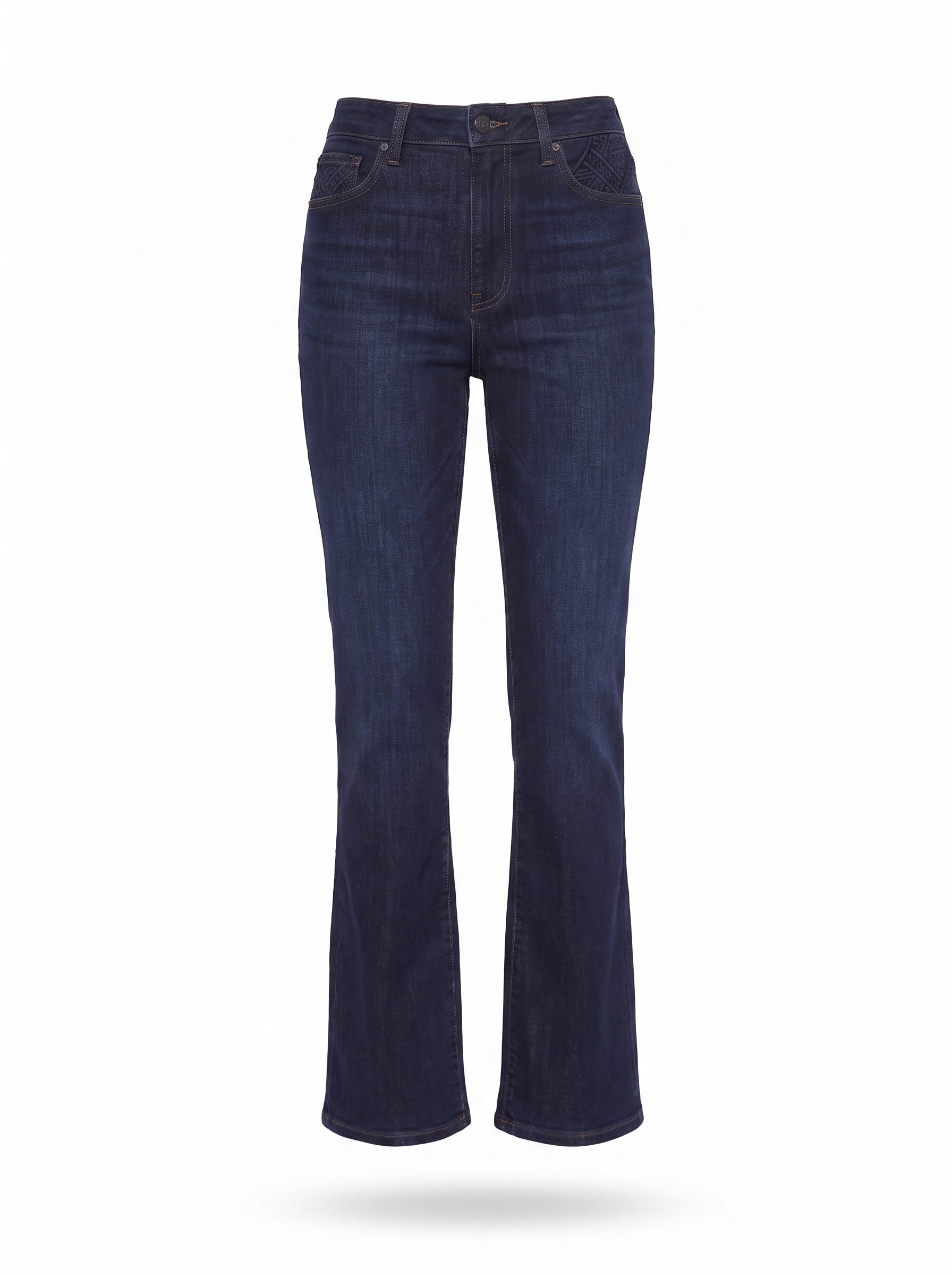 Dark indigo bootcut jeans product shot on white background