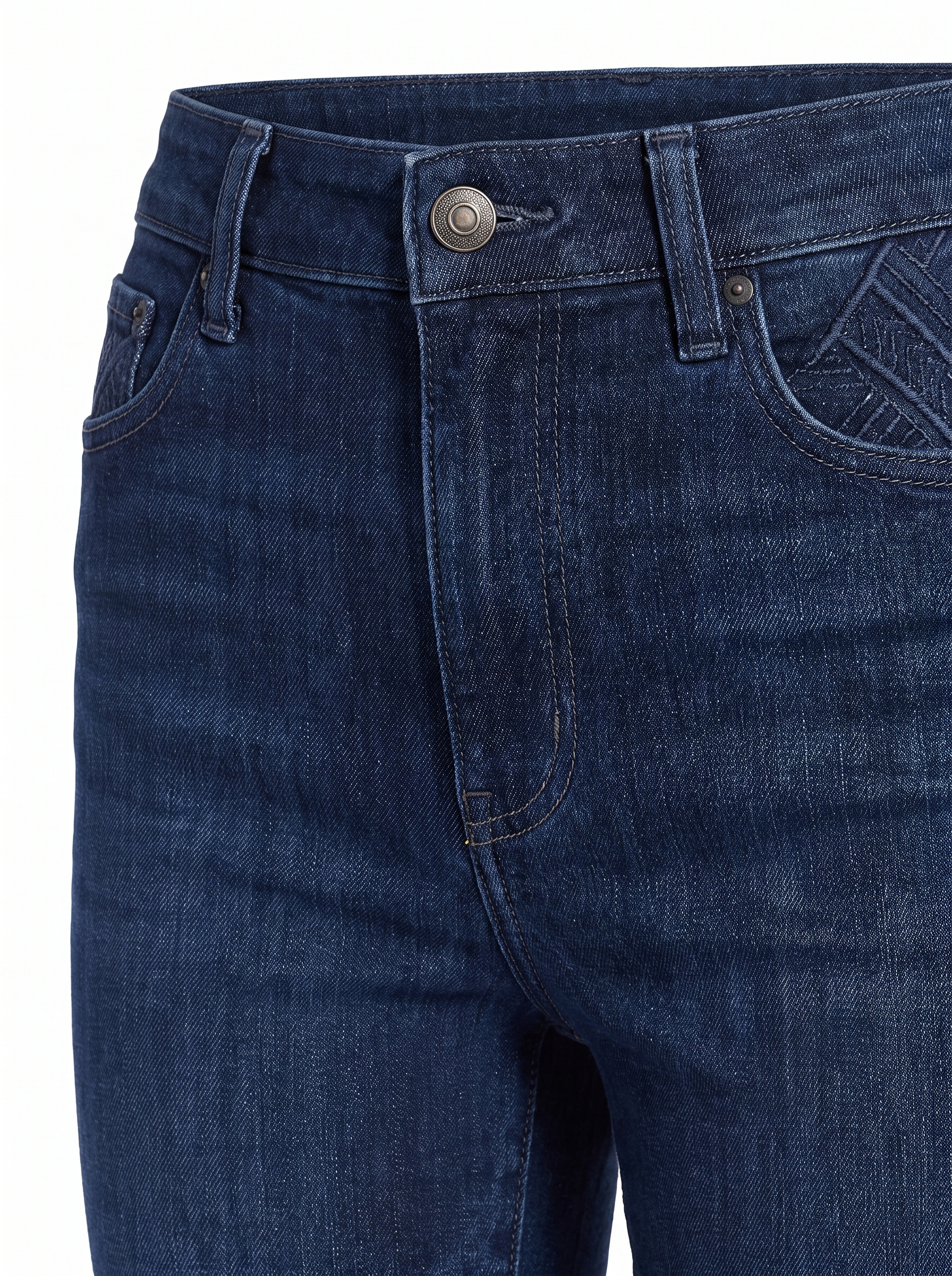 Bootcut jeans waistband and embroidered pocket close up detail