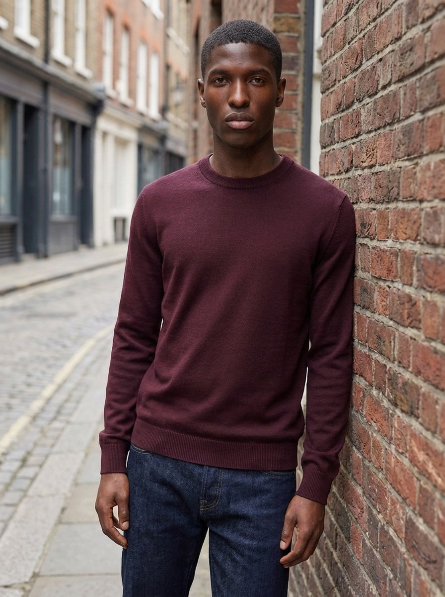 Man wearing a deep burgundy crew neck sweater with dark denim on a city street