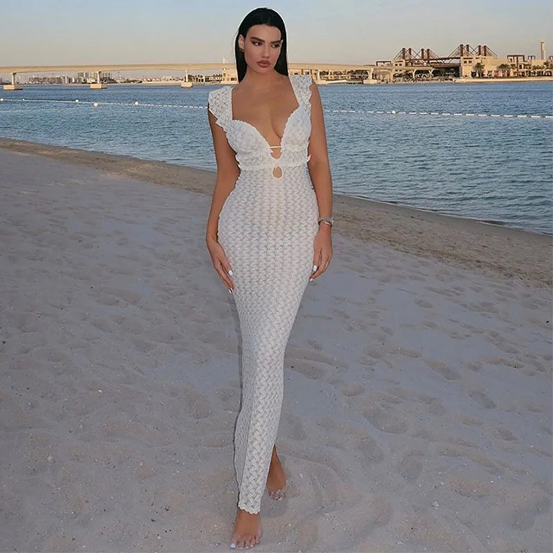 Deep V-neck ruffled backless knitted maxi dress, front view