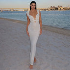 Deep V-neck ruffled backless knitted maxi dress, front view