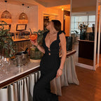 Black deep V-neck ruffled backless knitted maxi dress