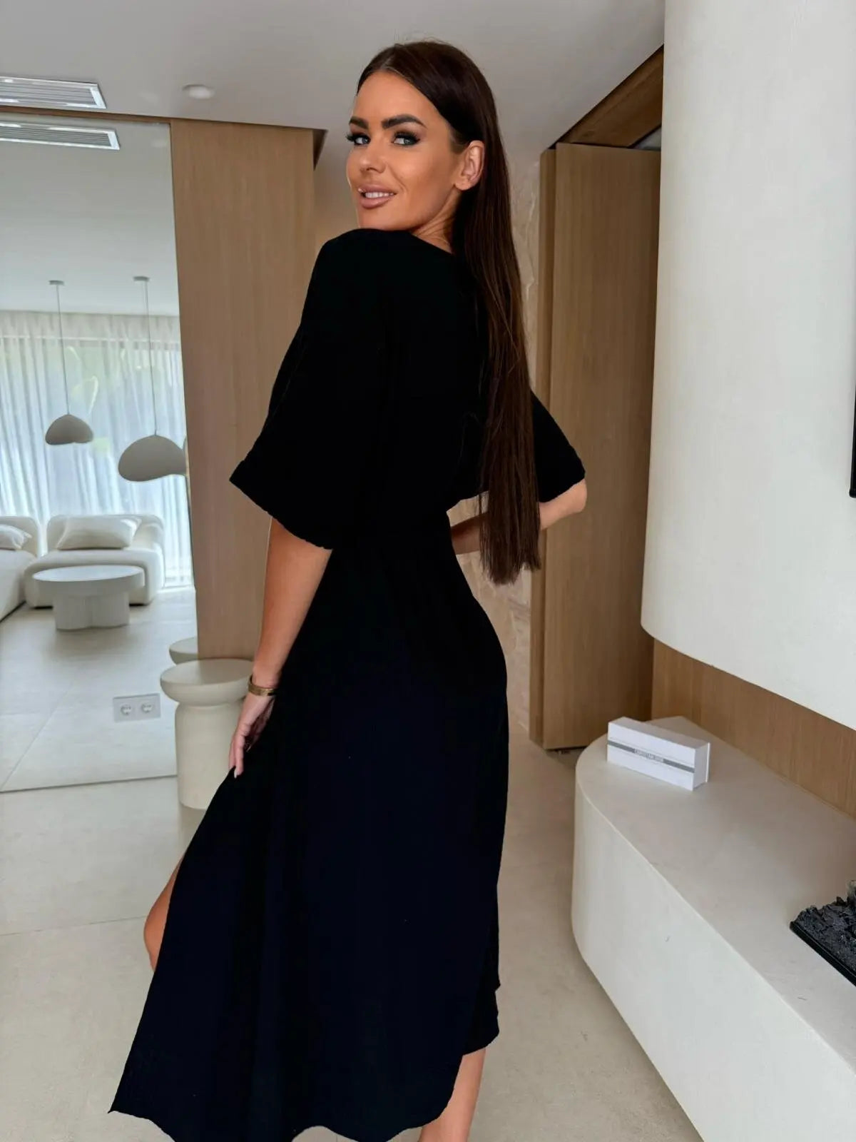 Deep V-neck wrap midi dress side view